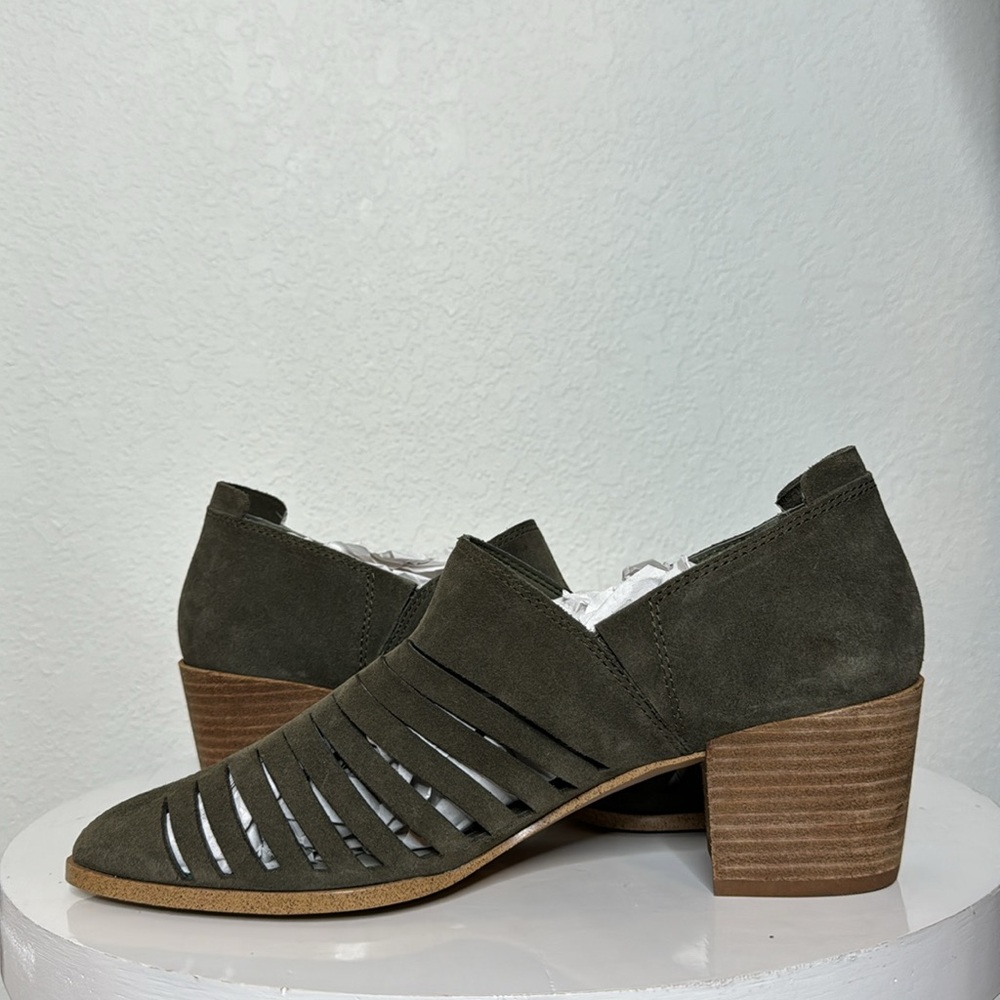 1. STATE ARNET OLIVE SUEDE LASER CUT POINTED TOE HEELED ANKLE BOOTIE - Picture 8 of 14